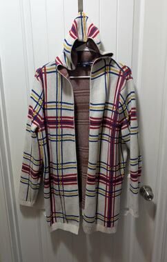 Chaps Long Sweater Cardigan Hooded Multicolor Plaid Women's Size XXL